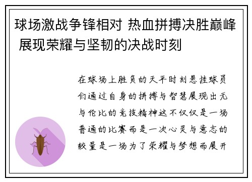 球场激战争锋相对 热血拼搏决胜巅峰 展现荣耀与坚韧的决战时刻