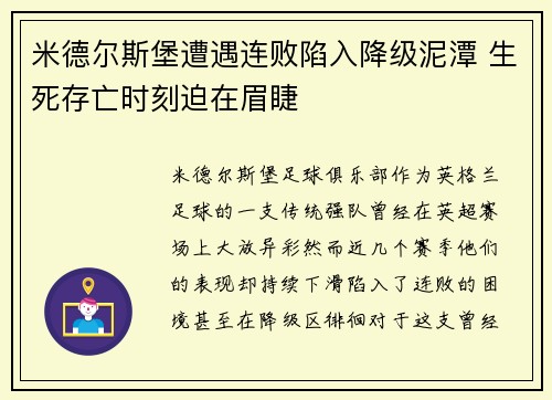 米德尔斯堡遭遇连败陷入降级泥潭 生死存亡时刻迫在眉睫